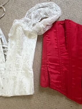 Red Satin Corset Top - Women's Strapless Bustier and White Lace corset top